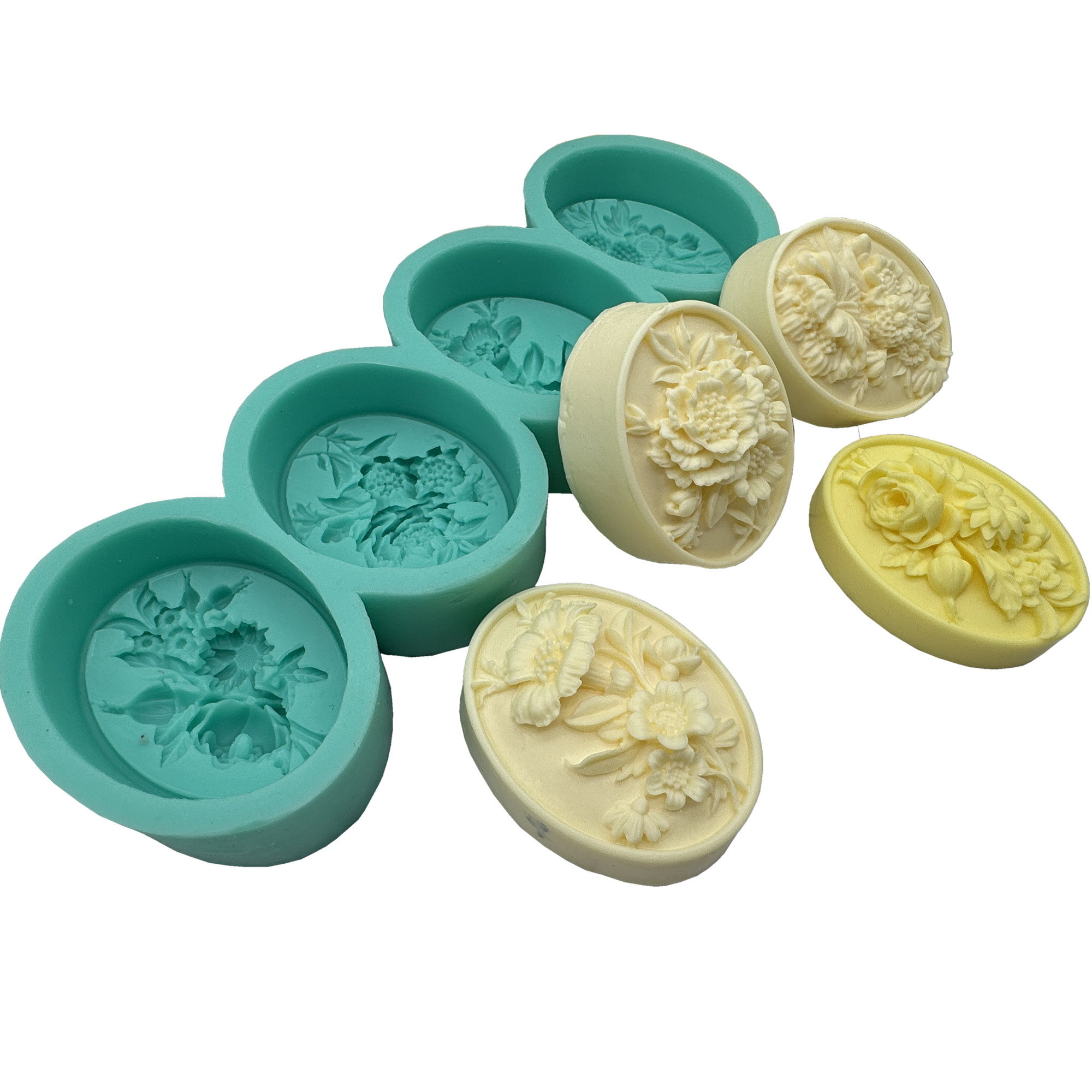 Soap Making Scents - 4 キャビティオーバルフラワー 3D 石鹸型ナチュラルバー石鹸型香りキャンドルワックスシリコーン型アロマ石膏樹脂工芸金型