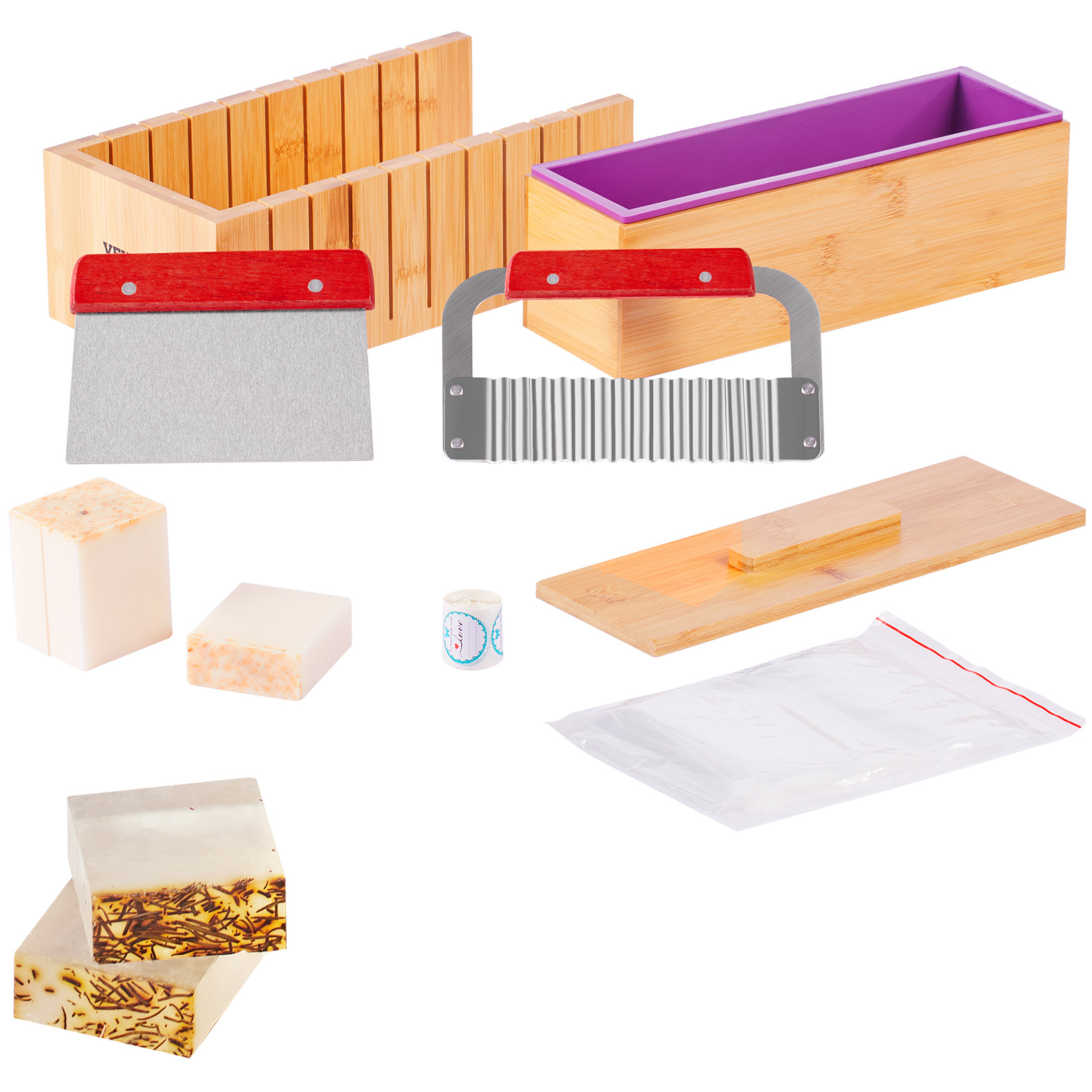 Soap Making Items - VEVOR石鹸作りキット 竹製カッティングボックスとインナーボックス、シリコンモールド、ステンレス製ストレートカッターとウェーブカッター付き
